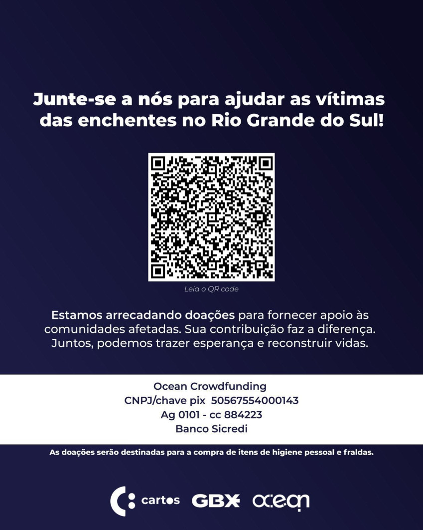 Para auxiliar o impacto das chuvas a GBX e a Ocean Tokenizadora iniciam campanha de arrecadação para os atingidos pelas enchentes no RS.